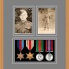 Light woodgrain picture frame for four military medals/two photos with grey mount