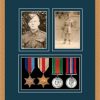 Light woodgrain picture frame for four military medals/two photos with nightshade mount