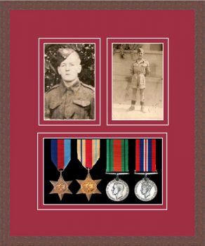 Dark woodgrain picture frame for four military medals/two photos with beaujolais mount