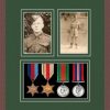 Dark woodgrain picture frame for four military medals/two photos with forest green mount