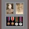Dark woodgrain picture frame for four military medals/two photos with grey mount