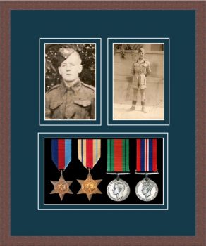 Dark woodgrain picture frame for four military medals/two photos with nightshade mount