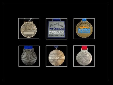 Black picture frame for six marathon medals with black mount