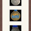 Dark woodgrain picture frame for three marathon medals with antique white mount