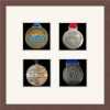 Dark woodgrain picture frame for four marathon medals with antique white mount