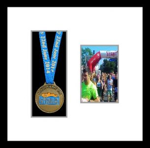 Black woodgrain picture frame for one marathon medal/photo with antique white mount