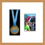 Light woodgrain picture frame for one marathon medal/photo with antique white mount