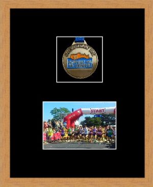 Light woodgrain picture frame for one marathon medal/photo with black mount