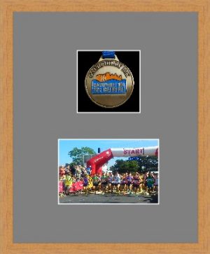 Light woodgrain picture frame for one marathon medal/photo with grey mount