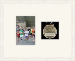 Marathon Medal Frame – S4-193H White Woodgrain-Antique White Mount
