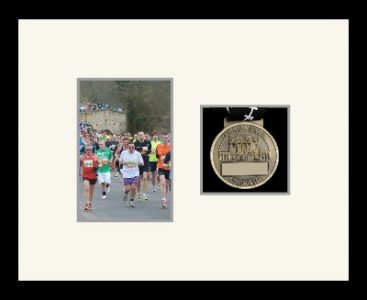 Black picture frame for one marathon medal/photo with antique white mount