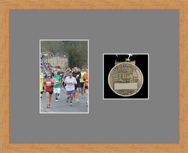 Light woodgrain picture frame for one marathon medal/photo with grey mount