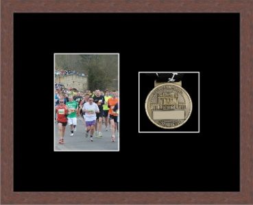 Dark woodgrain picture frame for one marathon medal/photo with black mount