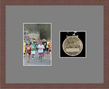 Dark woodgrain picture frame for one marathon medal/photo with grey mount