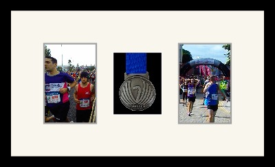 Black picture frame for one marathon medal/two photos with antique white mount