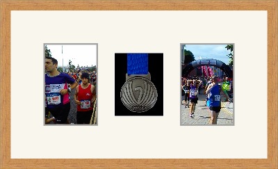 Light woodgrain picture frame for one marathon medal/two photos with antique white mount