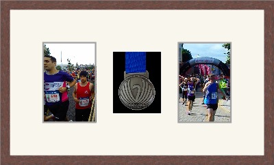 Dark woodgrain picture frame for one marathon medal/two photos with antique white mount